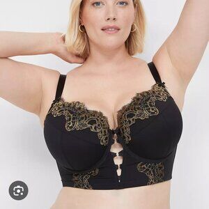 Cacique Black and Gold Lace Boost Balconette Bra, 44D, Mesh Back